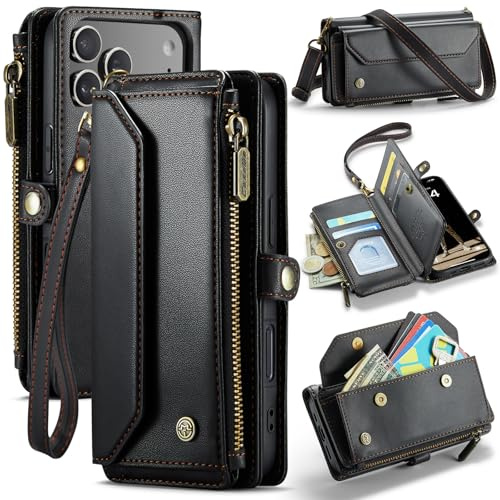 FONREST Läderväska väska fodral för iPhone-17-Pro, magnetisk flip plånboksfodral med ställ RFID-blockerande korthållare kontantplats dragkedja ficka crossbody snodd handledsrem (svart)