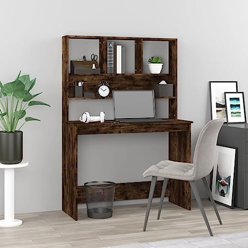 Qnhdfrt Ladder Desk 102x45x148 cm Engineered Wood in Smoked Oak, Space-Saving Office Furniture with Shelves for Compact Home Office, Gaming Setup or Study in Living Room, Bedroom, Dorm