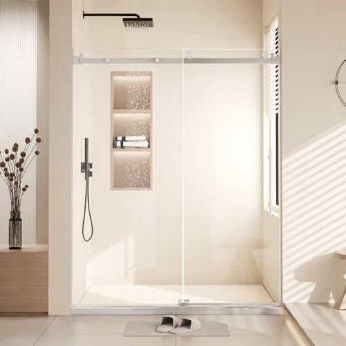 Frameless Sliding Shower Door, 60 w x 72 h Clear Tempered Glass with Soft-Close, Brushed Nickel Enclosure for Bathtub & Shower Stall