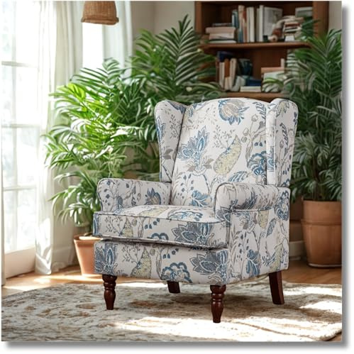 GDFStudio Modern Wingback Accent Chair with Solid Wood Legs and Cushion, Comfy Upholstered Floral Pattern Armchair, Retro Leisure Single Sofa Chair for Living Room Bedroom Home, Antique Blue 2