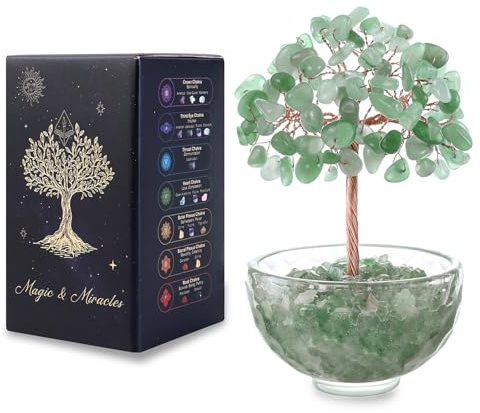 MAGIC AND MIRACLES Aventurine verte Arbre en Cristal Naturel Feng Shui Bonsaï Arbre de Vie Pierres de Guérison Reiki Chakra Décoration Maison Bureau Porte Bonheur Cadeau Spirituel Base Verre 11 cm