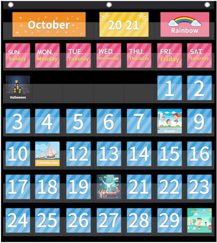 Tableau de poche du calendrier de classe, calendrier classe 25x24 pouces avec 104 cartes, tableau poche suspendu avec crochets, pour fournitures scolaires à domicile.