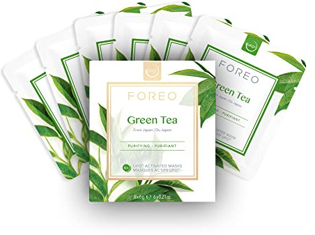 FOREO UFO Green Tea, mascarilla facial activa para piel grasa con imperfecciones, pack de 6, purificante y antioxidante, con té verde y extracto de ulmus, cruelty free, compatible con UFO 2 y UFO