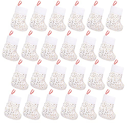 Belle Vous Nikolausstiefel Set (24Stk) - 24cm Nikolaus Socken zum Befüllen Weiß Goldene Sterne – Strumpf Weihnachten Nikolausstrumpf Weihnachtsstiefel zum Aufhängen Kamin Geschenkbeutel Weihnachtsdeko