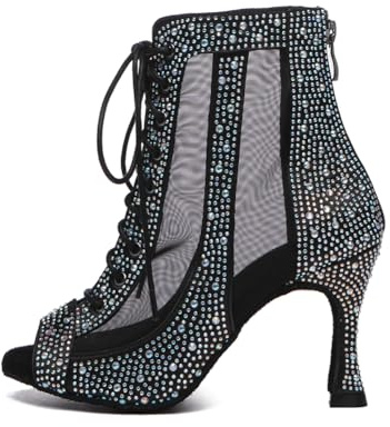 RUYBOZRY Scarpe da Ballo Latino Donna Punta Aperta Stivali da Ballo Salsa Strass,YCL551-Black-7.5,EU36