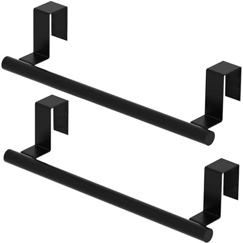 Qflushor Cabinet Door Towel Holder, Over Cabinet Towel Bar, Stainless Steel Dish Towel Holder for Cabinet Door Kicthen Towel Rack, Matte Black 2 Pack