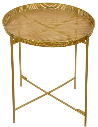 Trendi Golden Metal Side Table with Gold Perforated Tray Table Top - Versatile Round Side End Table and Nightstand - Stylish Living Room Furniture for Displaying Home Decor (H) 48cm