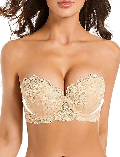 YANDW Soutien-gorge push-up sans bretelles rembourré en dentelle avec bretelles transparentes Multiway sans bretelles pour femme, couleur chair, 80D