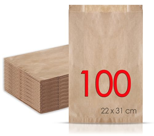 MAMAPAS 100 Bolsas de papel kraft 22+7x31 Bolsas para pan, bolsas comunión, bolsas chuche, bolsa regalo, bolsa panadería, bolsas para regalo, bolsas bocadillo, panadería, sandwich