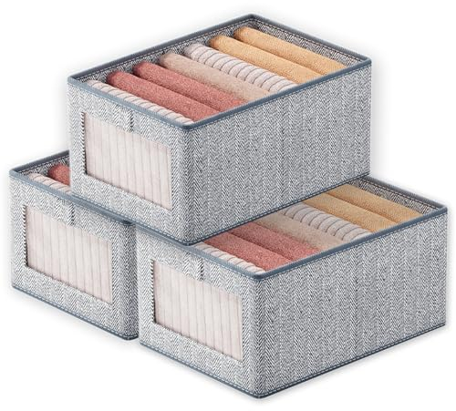 Goesort Set of 3 Clothes Storage Boxes, Wardrobe Storage Organiser Fabric Clothes Organiser, Storage Boxes with Clear Window For Jeans Pants Shirts Leggings Sweaters, Medium