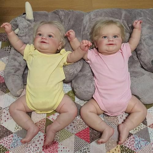 YIHANGG Blondes Haar Reborn Baby Puppe Zwillinge Mädchen Niedlich Lächelnd Reborn Kleinkind Puppe Weicher Kuschelkörper Kollektion Puppe Kindergeburtstag(60cm(24inch),Yellow+Pink)