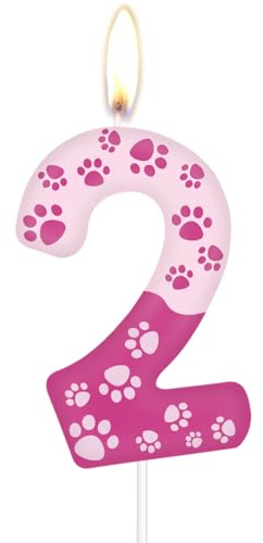 mciskin Velas de cumpleaños con temática de pata de perro rosa, decoraciones de 2º cumpleaños para niña y niño, velas rosas con número 2 para pastel, decoración de pastel con estampado de pata de