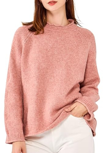 Simple&Opulence Pull Femme Col Rond à Manches Longues en Tricot Mélange de Laine roulé Fendu Casual Top, Poudre de Haricot, Taille M