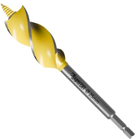 1 x SabreCut SCAG025 25mm x 165mm Wood Auger Quad Flute Self Feed Tip Grooved Hex Shank Drill Bit for High Speed Drilling in Wood and MDF