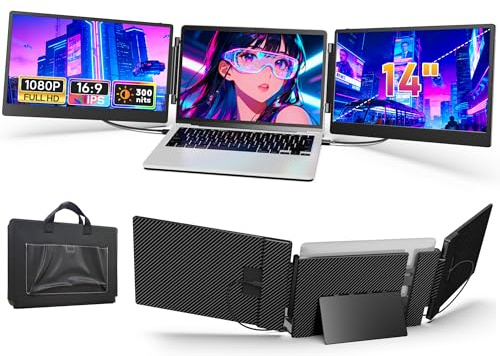 LivElect 14'' Triple Laptop Screen Extender, 1080P FHD Portable Monitor for Laptop, Screen Extended Monitors for 13-16.5, Plug-Play, Dual Monitor Extender for Mac/Windows/Chrome (Built-in Speakers)
