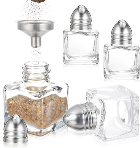 Thinp 4 Pcs Mini Salt and Pepper Shakers 0.5 Oz Mini Salt Shaker Gold Salt and Pepper Shakers Bulk with Funnel Small Cube Glass Spice Shaker Container for Kitchen Restaurant Travel Camp Party