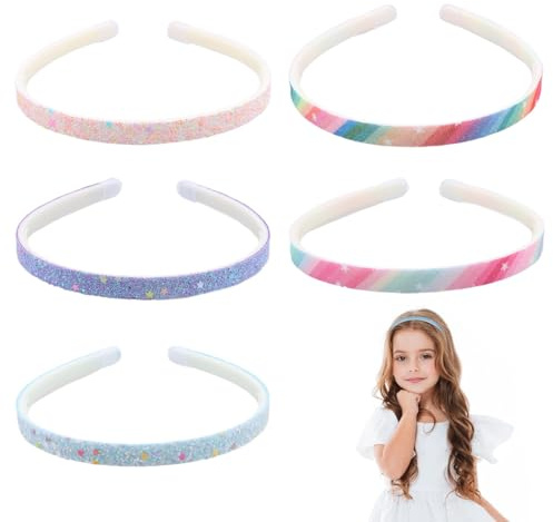 EIYVPRA Glitter pannband, 5 st ljusa och tjocka plastpannband, halkfria, tjocka konfetti, regnbåge, tänder, färgglada håraccessoarer för små flickor