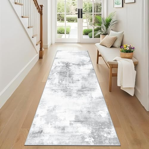 SHACOS Alfombra de Pasillo 65x180cm, Antideslizante Alfombra de Corredor Pelo Corto Moderna Abstracta Alfombra Entrada Interior Larga Suave para Pasillo Cocina Lavandería Habitación, Gris Claro