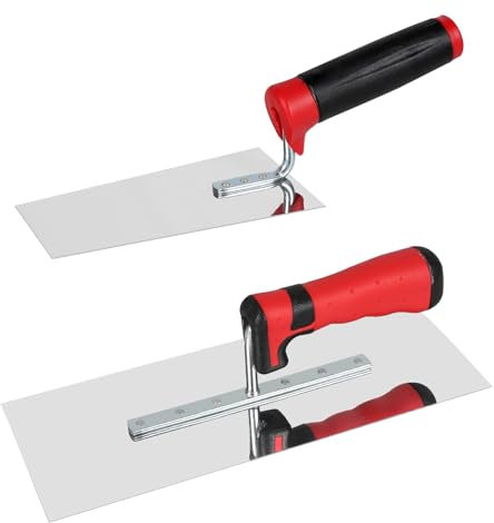 EXLECO 430 Edelstahl Glättekelle mit Softgriff, 2-teiliges Set Traufel 28x11cm & 16x7x9cm Spachtel Kelle, Maurerkelle, Putzkelle, Stukkateurkelle, Spachtel Werkzeug zum Verputzen, Glätten, Spachteln