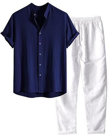 Générique Tenue d'été 2 pièces en lin pour homme, avec boutonnière, pantalon décontracté pour homme, 2 pièces décontractées, en lin, tenue d'été, col cubain, costume de marche