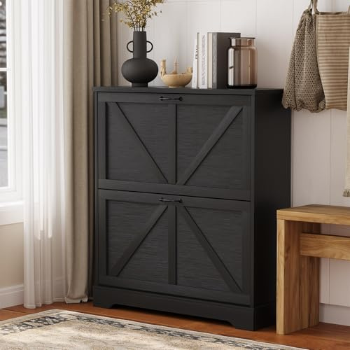Semiocthome Farmhouse Shoe Storage Cabinet with 2 Flip Drawers, 31.5(W) Freestanding Shoe Organizer with Barn Door and Metal Handles for Entryway, Corner Rustic Narrow Shoe Rack Cabinet - Black