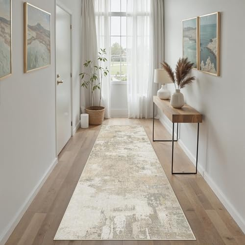 PureCozy Tappeto Salotto Moderno Astratto Tappeti Camera Da Letto, 60x240 cm Tappeto Vintage Corridoio Antiscivolo Lavabile Pelo Corto per Soggiorno,Cucina, Ufficio, Interno,Beige