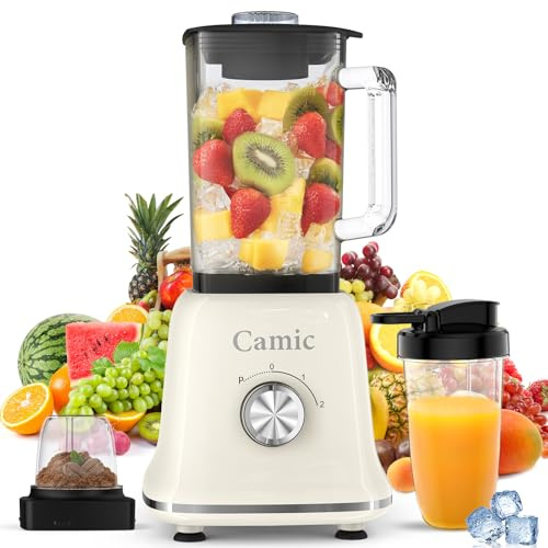 Camic Frullatore da 1200 W, ad alte prestazioni, 3 in 1, con contenitore in vetro da 1,6 l, 400 ml, tazza da viaggio e tazza da 200 ml, lama rimovibile, impulso a 2 velocità, per frullati e bevande