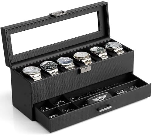 VLANDO 6-Slot 2 Layer Watch Box for Men, Lockable Watch Case with Glass Lid | Watch Storage Box for Father Husband, holds Rings/Keys/Necklace, Faux leather, Removable Pillows, PU Leather, fits 48mm dials