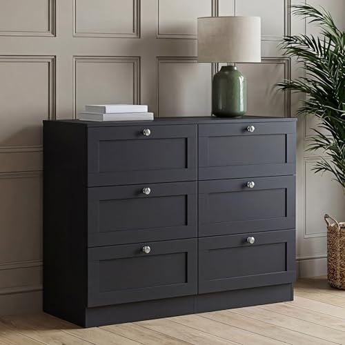Vida Designs Altino 6 Drawer Chest of Drawers | Black | H 76.5 x W 100 x D 36 cm | Wide Bedroom Storage Unit | Easy Assembly | Clothes Storage Cabinet | Modern Shaker Style Hallway or Guest Room