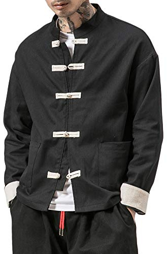 PengGengA Camicia Uomo Cotone Cinese Tradizionale in Lino E Tai Chi Kung Fu con Collo A Rana Nero XL