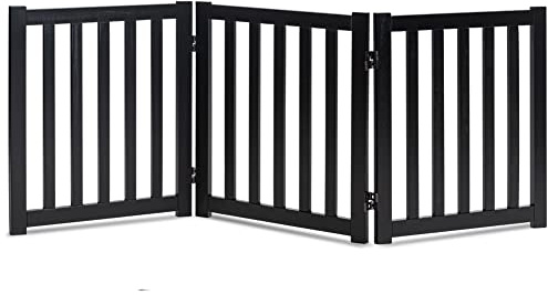 LZRS 3-Panel Wooden Free Standing Foldable Dog Gate Indoor – 24 High,Step-Over Safety Pet Gate for Doorways, Stairs, Hallways, Indoor Dog Barrier for Small to Medium Dogs & Puppies, Black