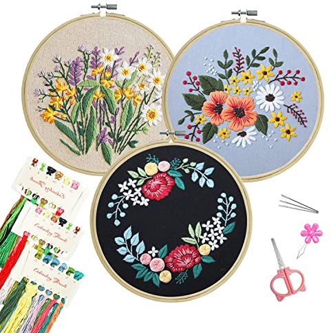 Koomon 3 Set Embroidery Starter Kits for Adults with Flower Patterns and Instructions, Beginner Stamped Cross Stitch Kits