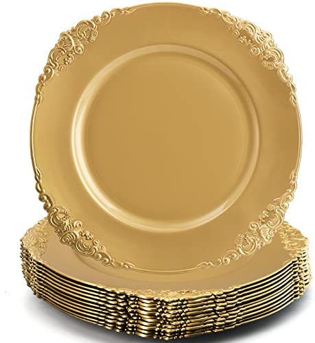 Okllen Lot de 12 assiettes de chargement rondes dorées de 33 cm avec bord gaufré - Chargeurs de dîner décoratifs - Assiettes de service pour traiteur, mariage, décoration de table