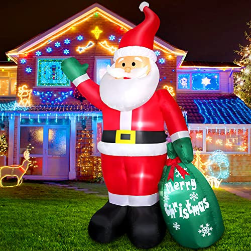 Aufblasbarer Weihnachtsmann 240CM mit LED Beleuchtung, Weihnachtsdeko Christmas Santa mit Grünetüte, IP44 Wetterfest Riesen Figur Nikolaus Santa, Innen Draußen Beleuchtung Deko für Garten Rasen Hof