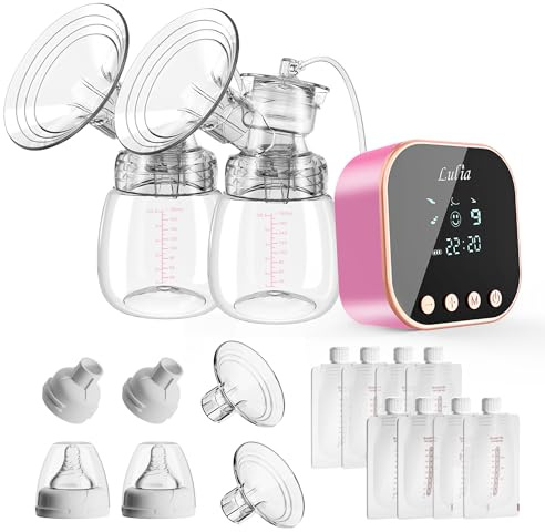 Pompa elettrica per latte doppio, 4 modalità e 9 livelli, flange in 2 misure, tasti meccanici, con sacchetto per latte e adattatore, pompe per allattamento ricaricabili per casa e in viaggio