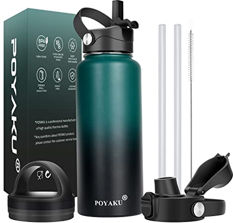 Water Bottle Insulated 32oz 40oz 64oz 128oz Straw Lid Spout Lid & 3 Lids, Leak Proof, Vacuum Insulated,Stainless Steel Water Bottle Wide Mouth for Sports, Gym or Office (Indigo Crush, 32 oz)