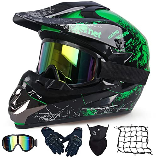 WYXAXNM Motorradhelm Cross Helme, Motocross Helm Kinder, Motorrad Downhill Fullface Helm Crosshelm Set Mit Schutzbrille Maske Handschuhe Helm Netz - DOT Zertifizierter, S-XL (52-59CM),Green-L