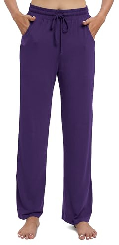 EXCHIC Mujeres Casual Piernas Rectas Largo Pantalones de Cuerda Cintura Elástica Yoga Pantalones con Bolsillo(XXL, Morado)