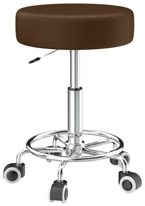 Höjd justerbar 43 cm – 57 cm, rullpall med fotstöd för att slappna av kroppen, kompakt, bekväm och lätt PU-läderpall med hjul, vridpall, arbetspall, frisörpall, kontorspall (brun)