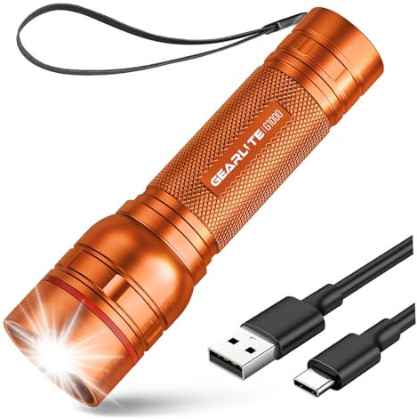 GEARLITE Linterna LED Recargable, 2000LM Linternas LED Alta Potencia con 3 Modos, Zoomable, IP65 Impermeable Mini Linterna Pequeña Potente Tactica Militar para Niños, Camping, Emergência(Naranja)