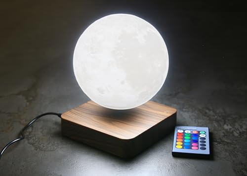 DiProgress Lampada Luna a levitazione magnetica con superficie fedele in 3D, base effetto legno e Illuminazione LED multicolore con telecomando IR