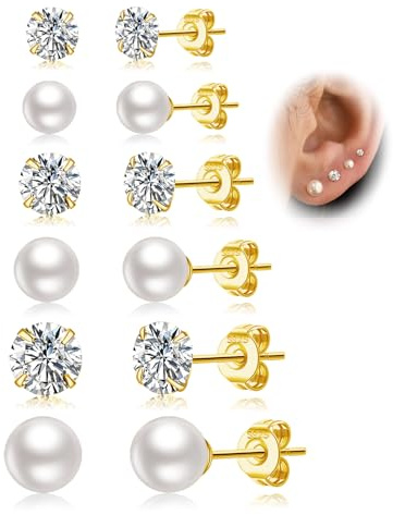 LOUMILEO Set di 6 paia di orecchini con perle, orecchini con perle ipoallergeniche in argento 925, mini orecchini a lobo in argento 925 per donna e uomo (3-10mm), 8 mm, Argento sterling, Zirconia