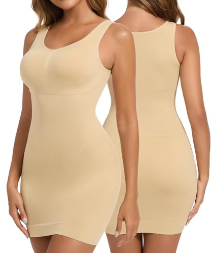 Joyshaper Women Shapewear Dress Tummy Control Full Slips Shaping Dress with Built in Bra Tank Top Dresses Body Shaper Underdress, Beige, XL