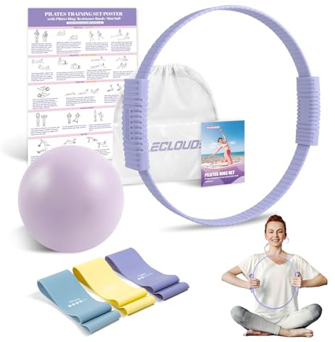 Paleclouds Pilates Essentials Kit for Women, 13.5 Pilates Ring and Ball Set with Resistance Bands for Home Workouts, Portable Pilates Kit with Bag & Training Poster for Full Body Exercise (Purple)