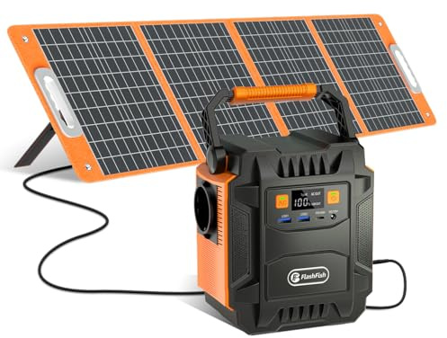 FlashFish 172,8 Wh Station Électrique avec Panneau Solaire 100W, Générateur Électrique Portable 200W (crête 400W) avec 230V Type C/lumières LED, Batterie de Secours Pour Camping, Voyages et Urgences