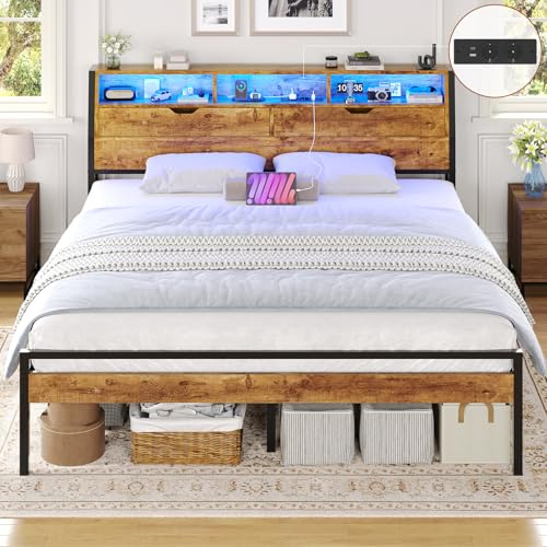 Brinlawb Cadre de Lit 180x200 avec Sommier Métal lit 2 Personnes avec Lumières LED et Multiprise (2 Prises AC, 1 Port USB-A, 1 USB-C) Lit 180x200 avec Rangement, Facile à Assembler, Marron Vintage