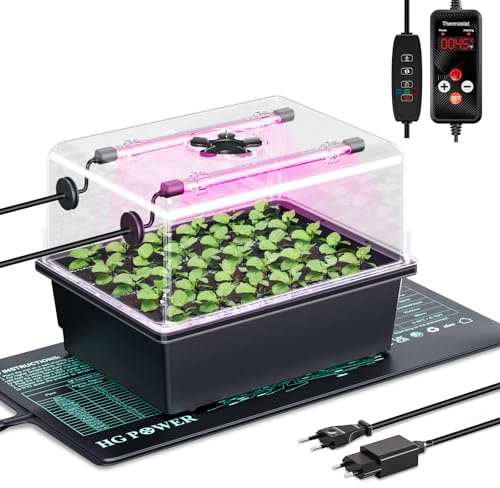 HG Power Kit de semis avec Mini Serre intérieur, Lampe LED pour Plantes et Tapis Chauffant semis avec Thermostat, Serre chauffante 30 cellules avec Couvercle, pour légumes et Herbes