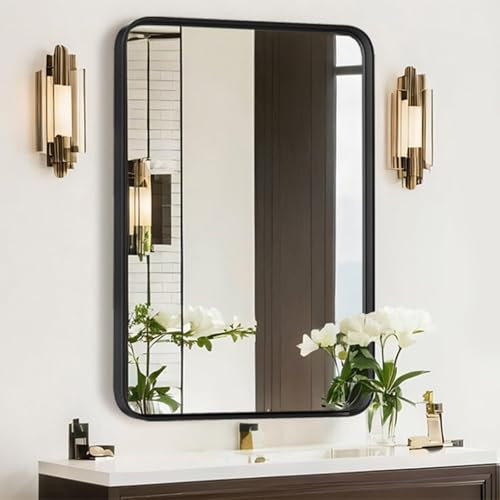 Atilioo Bathroom Mirror for Wall, 30x22 Inch Rectangle Mirror, Matte Black Metal Framed Bathroom Vanity Mirror for Restroom Farmhouse, Anti-Rust, Tempered Glass, Horizontally or Vertically Hanging