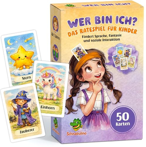 Schnabulino Juego de cartas para niños a partir de 4 años – 50 cartas – Juego de adivinanzas y juego familiar para niñas y niños – Juego de cumpleaños infantil – promueve el pensamiento, el lenguaje y