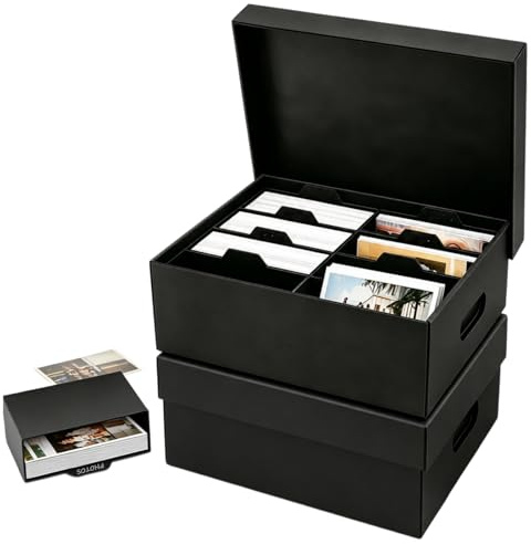 KAGEYMB 2 Cajas de Almacenamiento para Fotos, 10 x 15 Cm, Negro, con 8 Compartimentos Interiores Cada Una, Cajas de Almacenamiento para Fotos de Cartón, para Manualidades y Pegatinas
